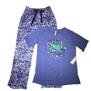 Simply Southern Good Vibes Pajama Set Purple Tropical Turtle Women's Size Small